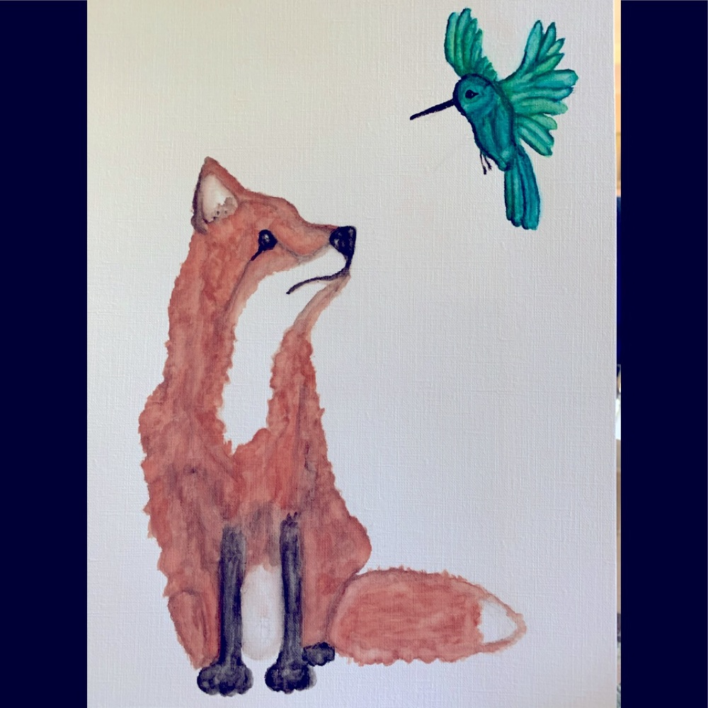 Fox and hummingbird watercolor artwork